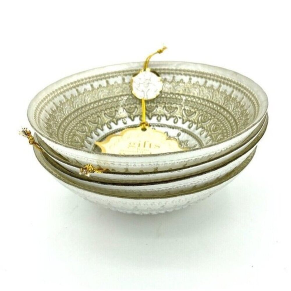 Turkish Glass Bowls Hand Painted Gold Lace Set of 4 White Glass Bowls 6.5" Wide